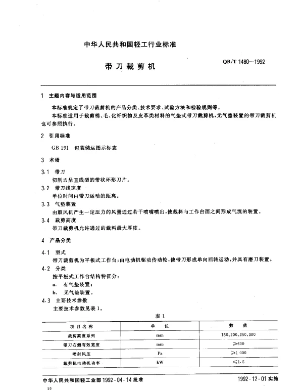 QBT 1480-1992 带刀裁剪机