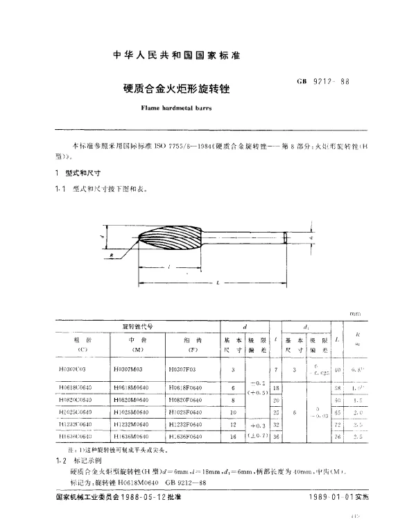 GB 9212-1988 硬质合金火炬形旋转锉