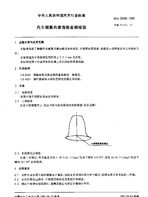 QCn 29018-1991 汽车碳氮共渗齿轮金相检验