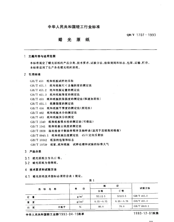 QBT 1707-1993 蜡光原纸