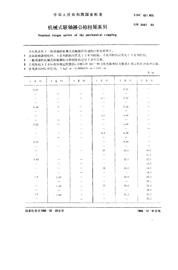 GB 3507-1983 机械式联轴器公称扭矩系列