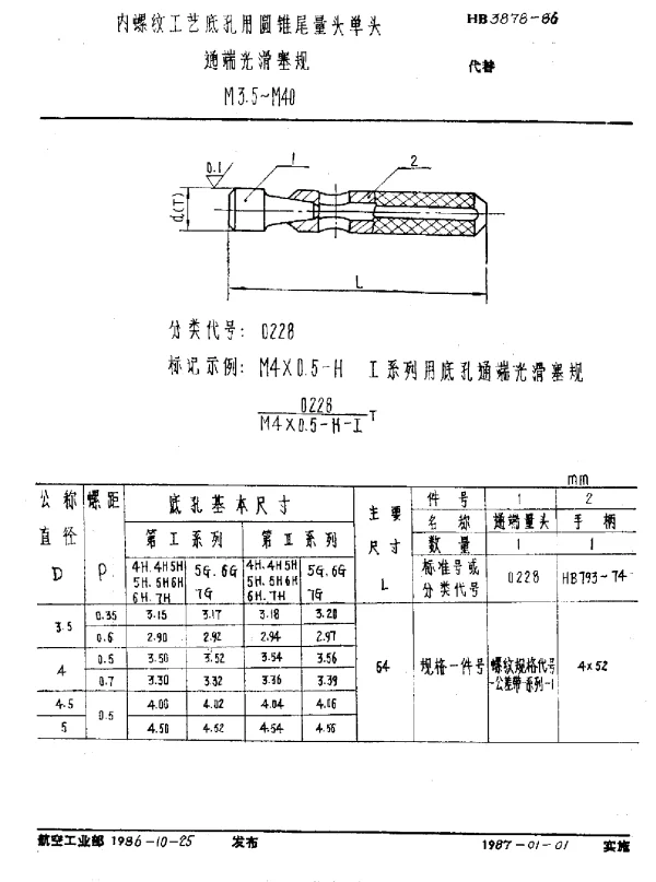 HB 3878-1986 内螺纹工艺底孔用圆锥尾量头单头.通端光滑塞规.M3.5~M40