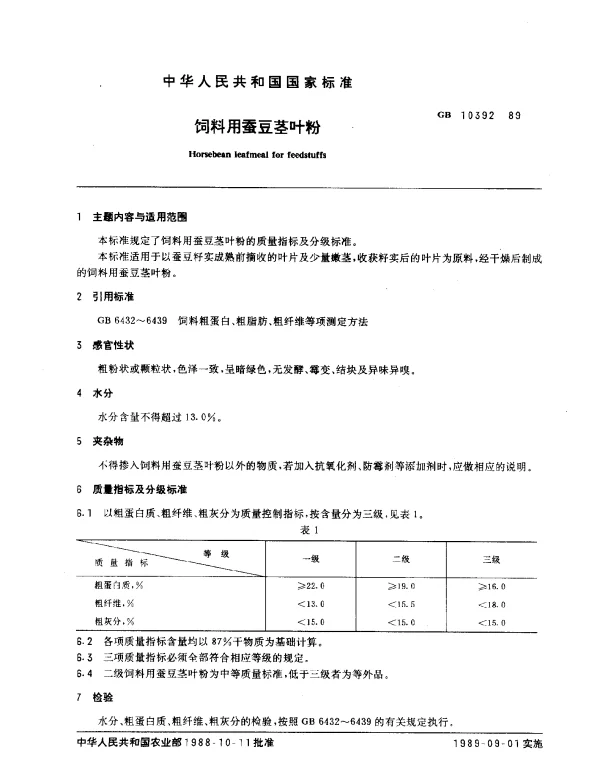 GB 10392-1989 饲料用蚕豆茎叶粉