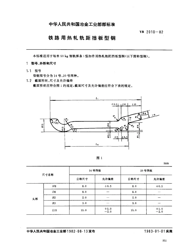 YB 2010-1982 铁路用热轧轨距挡板型钢