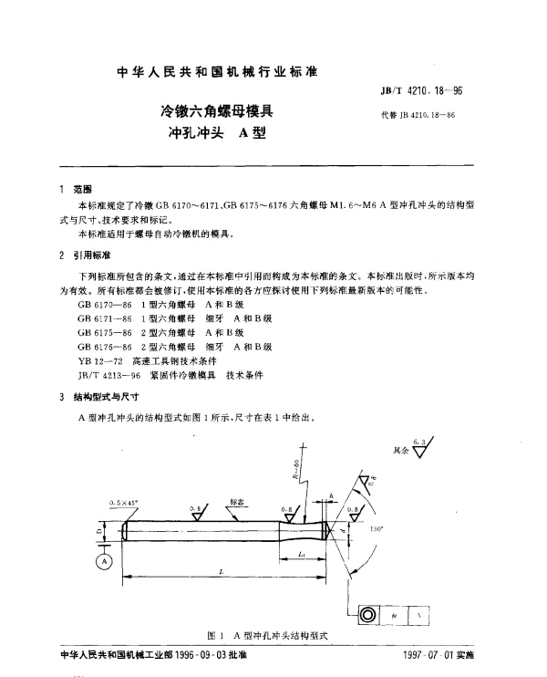 JBT 4210.18-1996 冷镦六角螺母模具.冲孔冲头.A型