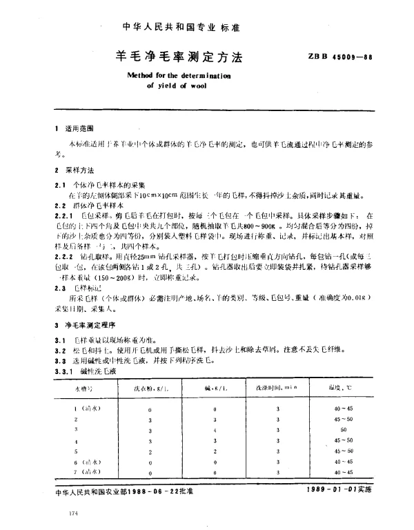 ZB B 45009-1988 羊毛净毛率测定方法