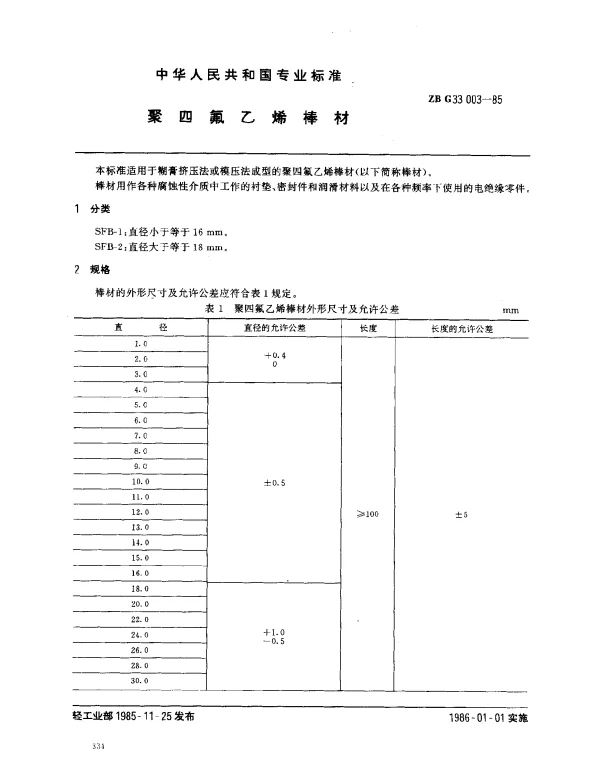 ZB G33 003-1985 聚四氟乙烯棒材