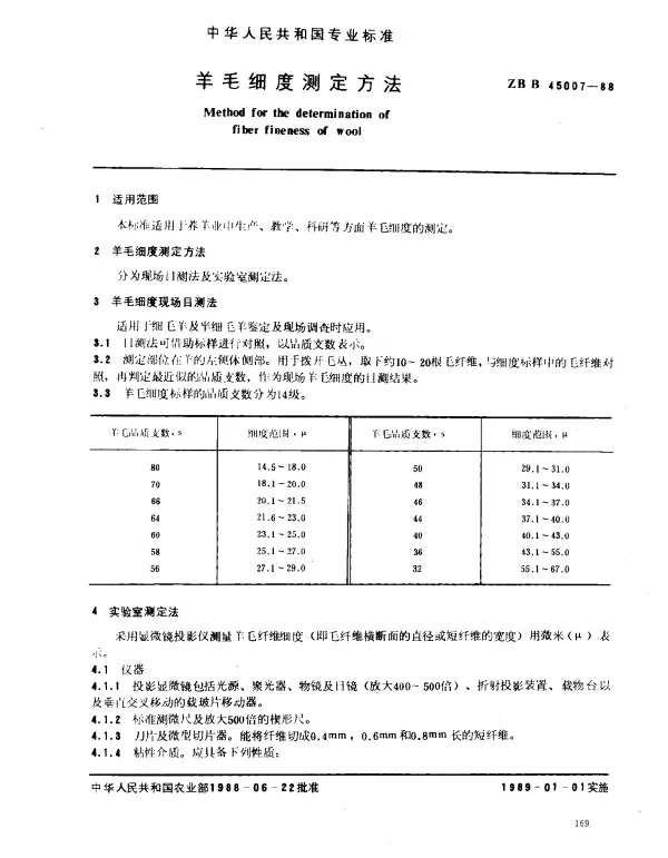 ZB B 45007-1988 羊毛细度测定方法