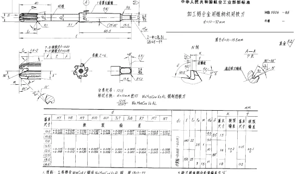 HB 3526-1985 加工铝合金用锥柄机用铰刀 d=10~32mm