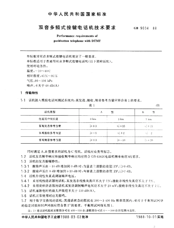 GB 9034-1988 双音多频式按键电话机技术要求
