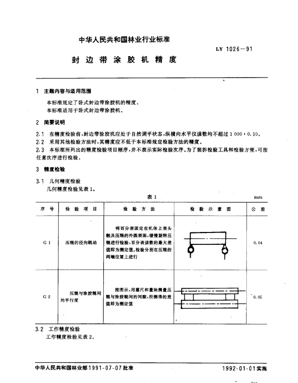 LY 1026-1991 封边带涂胶机精度