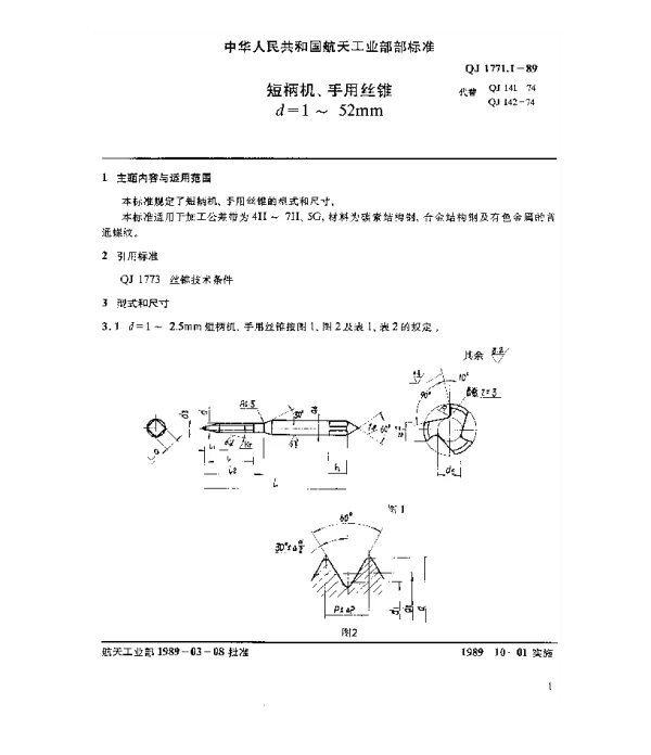 QJ 1771.1-1989 短柄机、手用丝锥(d=1~52mm)
