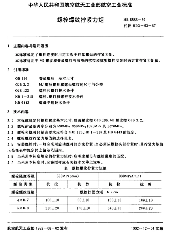 HB 6586-1992 螺栓螺纹拧紧力矩