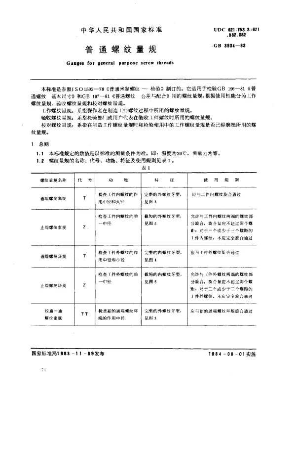 GB 3934-1983 普通螺纹量规