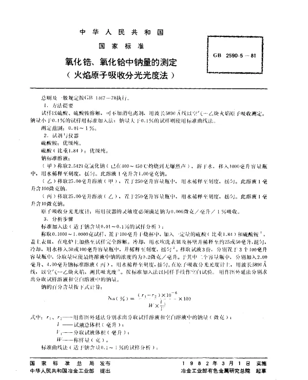 GB 2590.5-1981 氧化锆、氧化铪中钠量的测定（火焰原子吸收分光光度法）
