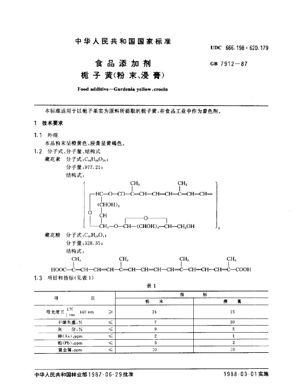 GB 7912-1987 食品添加剂 栀子黄（粉末、浸膏）