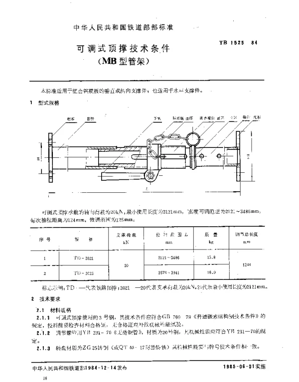 TB 1525-1984 可调式顶撑技术条件（MB型管架）