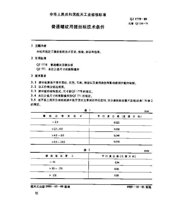 QJ 1779-1989 普通螺纹用搓丝板技术条件
