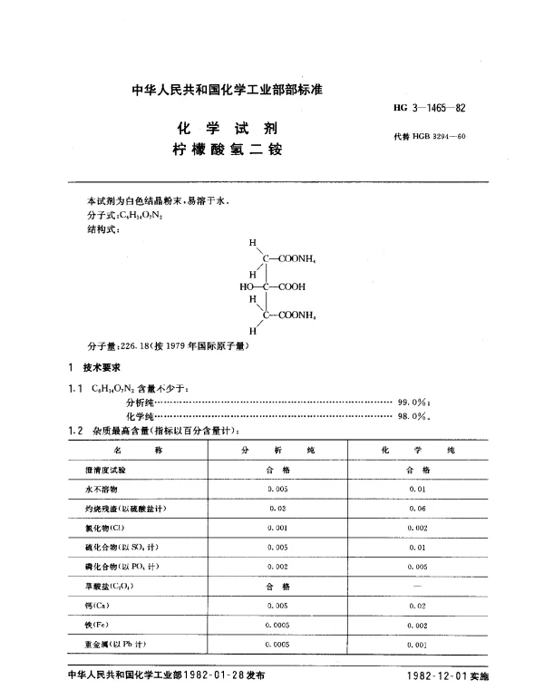 HG 3-1465-1982 化学试剂 柠檬酸氢二铵