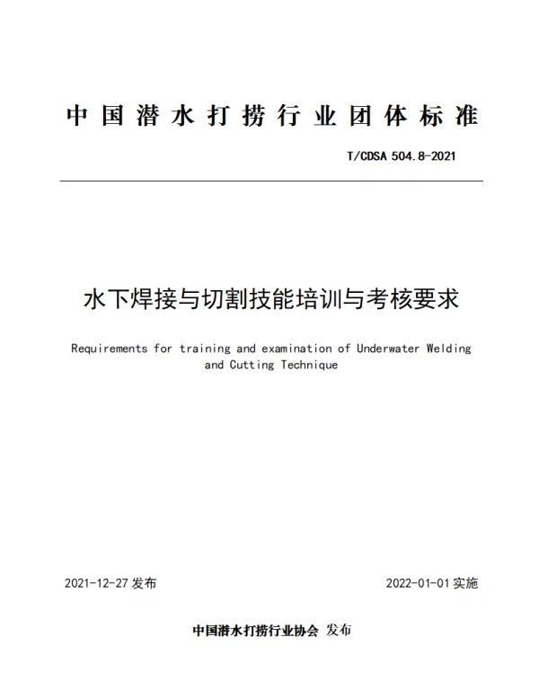 TCDSA 504.8-2021 水下焊接与切割技能培训与考核要求