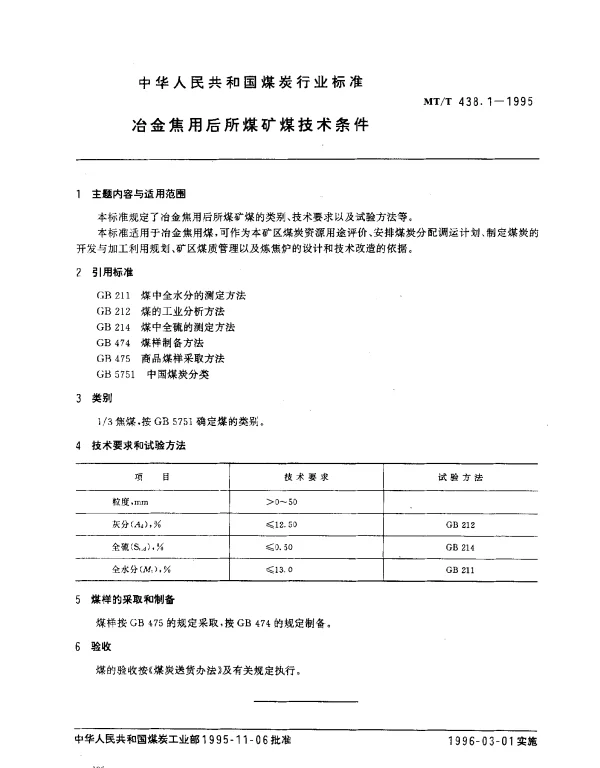 MTT 438.1-1995 冶金焦用后所煤矿煤技术条件