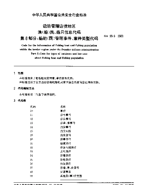 GA 99.8-2000 边防管理边境地区渔(船)民、船只信息代码.第8部分：船舶(民) 管理事件、案件类型代码