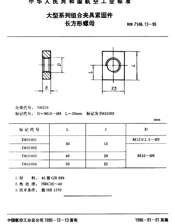 HB 7148.13-1995 大型系列组合夹具紧固件.长方形螺母