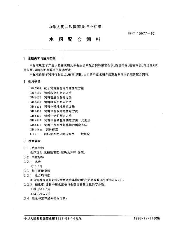 SBT 10077-1992 水貂配合饲料