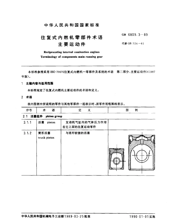 GB 6809.3-1989 往复式内燃机零部件术语 主要运动件