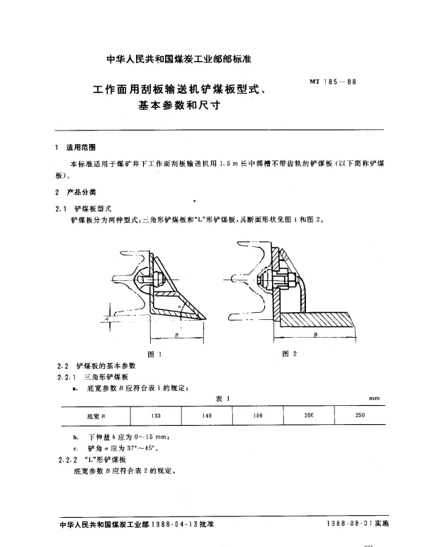 MT 185-1988 工作面用刮板输送机铲煤板型式、基本参数和尺寸