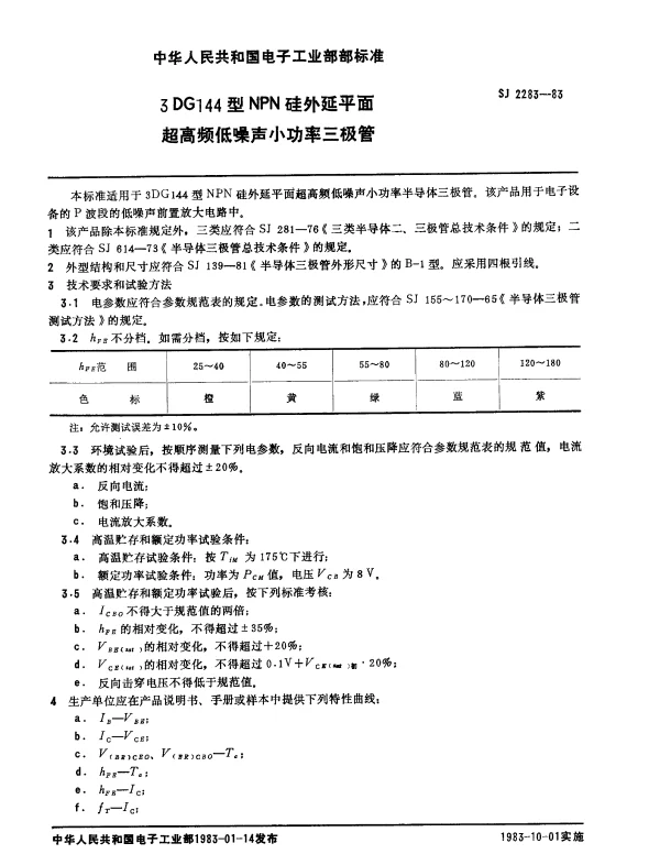 SJ 2283-1983 3DG144型NPN硅外延平面超高频低噪声小功率三极管