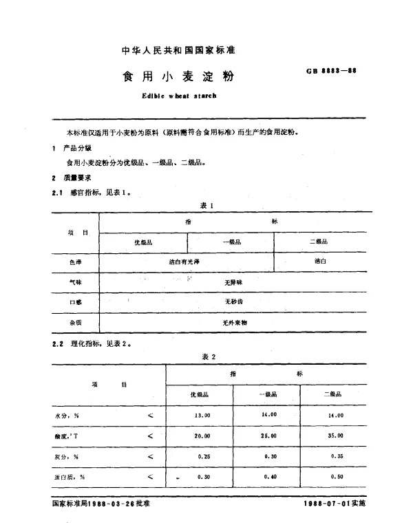 GB 8883-1988 食用小麦淀粉