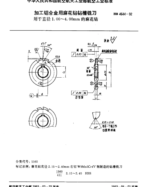 HB 4644-1992 加工铝合金用麻花钻钻槽铣刀.用于直径1.00~4.00mm的麻花钻