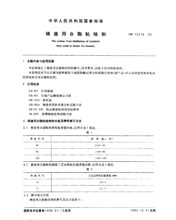 GB 12216-1990 铸造用合脂粘结剂