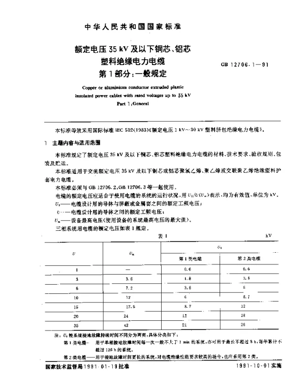 GB12706.1-1991额定电压35kV及以下铜芯、铝芯塑料绝缘电力电缆第一部分：一般规定