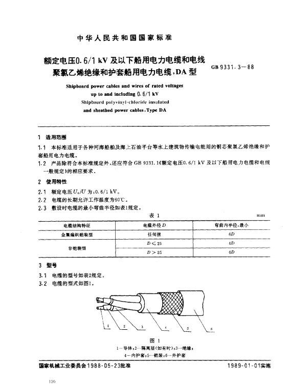 GB 9331.3-1988 额定电压O.61 kV及以下船用电力电缆和电线 聚氯乙烯绝缘和护套船用电力电缆,DA型