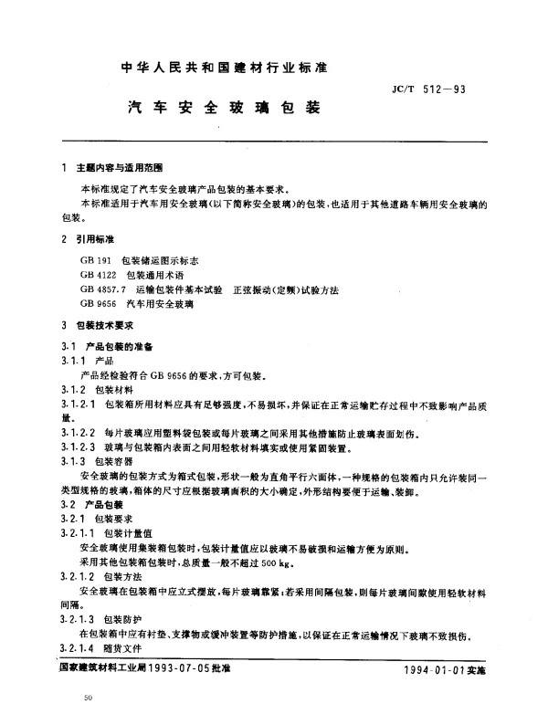 JCT 512-1993 汽车安全玻璃包装