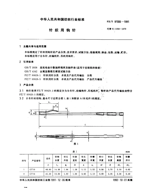 FZT 97006-1991 针织用钩针