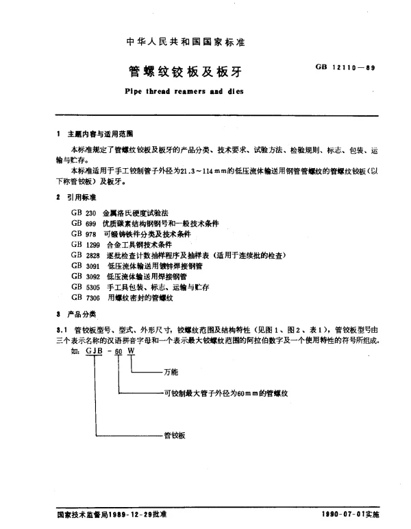 GB 12110-1989 管螺纹铰板及板牙