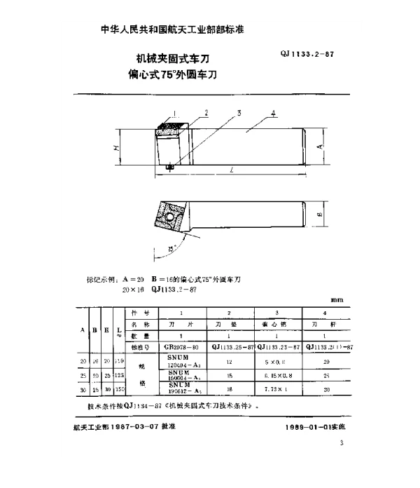 QJ 1133.2-1987 机械夹固式车刀 偏心式75°外圆车刀
