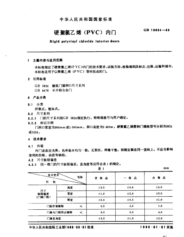 GB 10804-1989 硬聚氯乙烯（PVC）内门