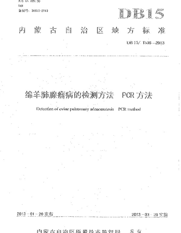 DB15T 536-2013 绵羊肺腺瘤病的检测方法 PCR方法