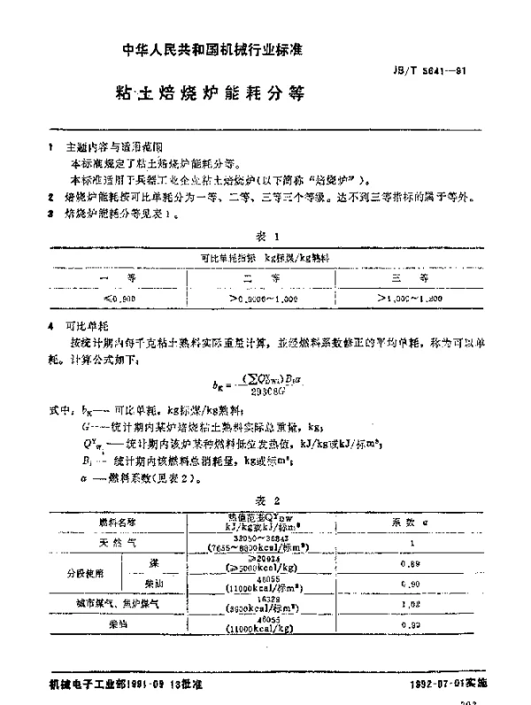 JBT 5641-1991 粘土焙烧炉 能耗分等