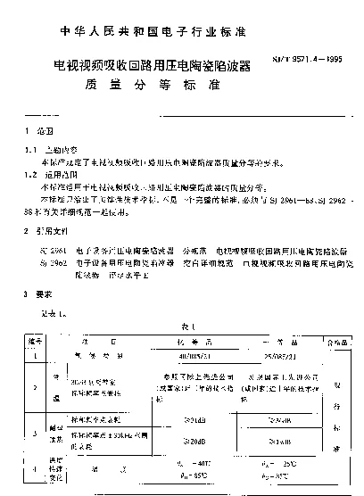 SJT 9571.4-1995 电视视频吸收回路用压电陶瓷陷波器质量分等标准