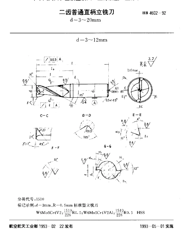 HB 4602-1992 二齿普通直柄立铣刀.d=3~20mm