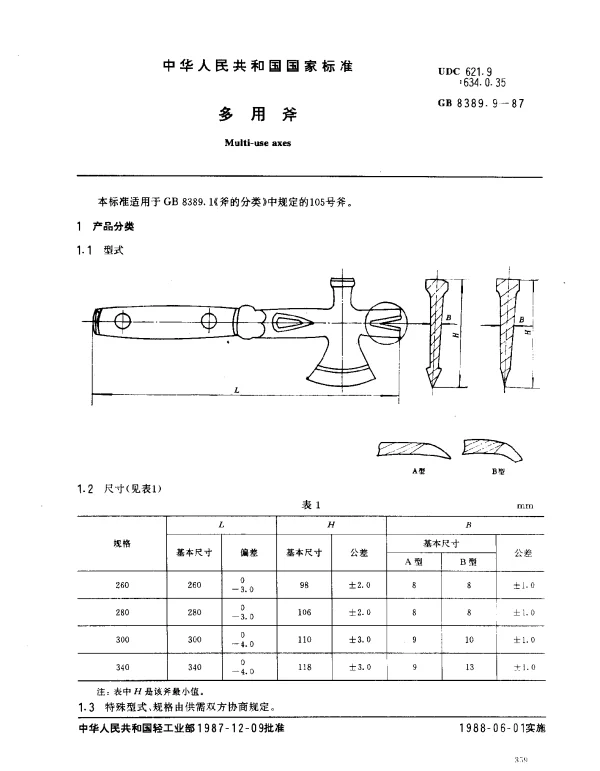 GB 8389.9-1987 多用斧