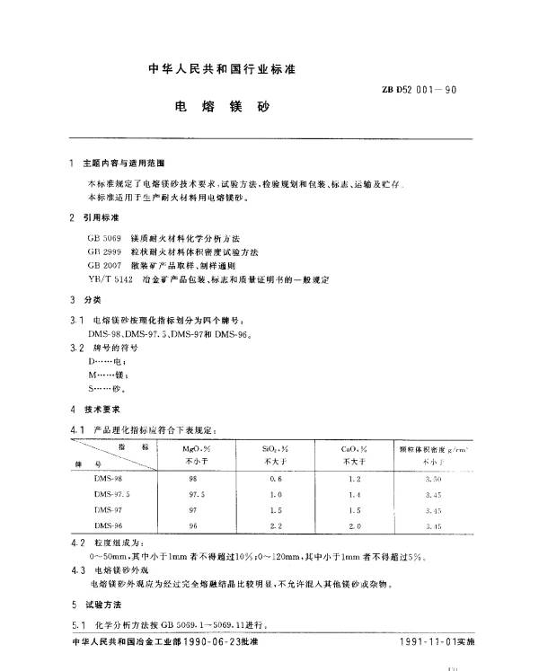 ZB D52001-1990 电熔镁砂