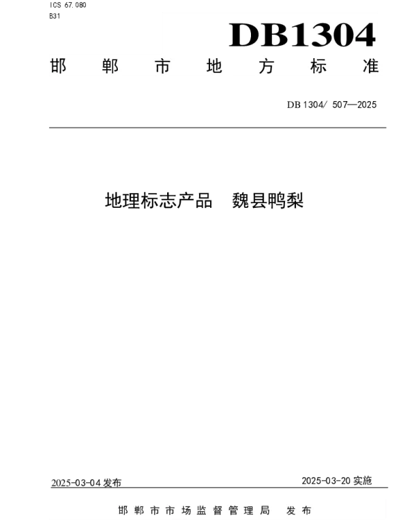 DB1304T 507-2025 地理标志产品  魏县鸭梨