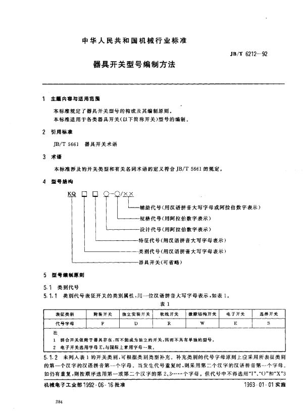 JBT 6212-1992 器具开关型号编制方法
