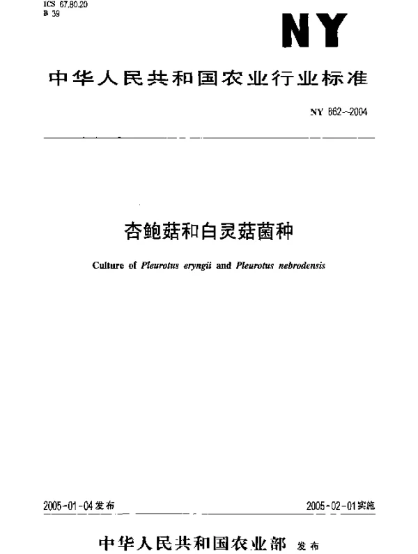 NY 862-2004 杏鲍菇和白灵菇菌种